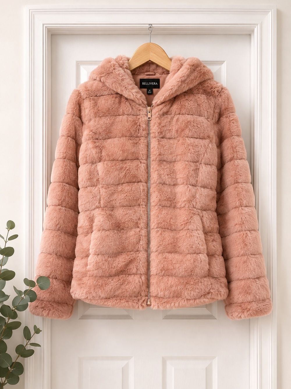 Bellivera Dusty Rose Faux Fur Hooded Coat, Size Medium EXCELLENT CONDITION